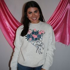 We are sooo ready for the spring time so we are rolling out out the flowers early this year! This bouquet design is professionally screen printed on our signature Lane Seven crewneck. These run true to size, Shaef is wearing the small. We also offer this design in a tee version as well! Have questions about sizing? Email us! heyfriendscompany@gmail.com Care: This crew is machine washable. It is made with 80% cotton and 20% polyester Measurements:small: underarm to underarm - 20 inches Middle of Spring Crew Neck Sweatshirt With Screen Print, Spring Crew Sweatshirt With Screen Print, Bouquet Design, The Flowers, Spring Time, The Middle, Screen Printing, This Year, Screen