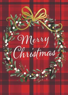 a red plaid christmas card with the words merry christmas written in white and gold on it