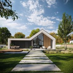 a modern house with grass and trees in the background