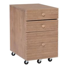 a wooden cabinet with two drawers and wheels on the bottom shelf, against a white background