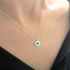 - Evil Eye Mother of Pearl Necklace for Women is made with high quality 14K real solid gold . - Circle Necklace for women is with decorated mother of pearl . Its diameter is 1 cm. - This cute, charm, dainty, delicate, elegant women jewelry Evil Eye Mother of Pearl Necklace is also called Turkish Nazar, lucky, good luck, Greek eye necklace . - You receive the necklace in a beautiful and free gift box - Free shipping (Arrive within 4 business days to the USA and Canada ( 1 day for production + 3 d Yellow Gold Evil Eye Round Necklace, 14k Yellow Gold Evil Eye Necklace, Yellow Gold Evil Eye Jewelry For Anniversary, 14k Gold Evil Eye Necklace, 14k Gold Evil Eye Round Necklace, 14k Yellow Gold Evil Eye Jewelry, 14k Yellow Gold Jewelry With Evil Eye, Gold Evil Eye Necklace, Jewelry Evil Eye