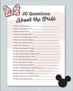 a minnie mouse question sheet with the words, 20 questions about the ride on it