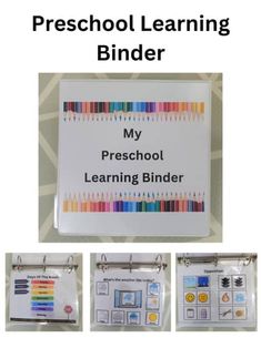 a binder with four different colored pencils and the words my preschool learning binder