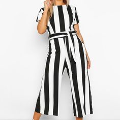 Boo Hoo Black And White Stripe Tie Jumpsuit Petite Romper, High Neck Jumpsuit, Petite Jumpsuit, Culotte Jumpsuit, Tall Clothing, Petite Pants, Wide Stripes, Jumpsuit Black, Striped Jumpsuit