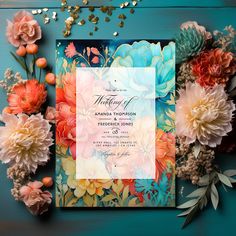 a wedding card surrounded by flowers and confetti on a blue wooden background with gold flakes