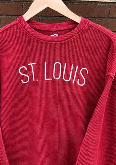 St Louis Womens Red Long Sleeve Corded Crew Sweatshirt - 16650473 Red Collegiate Cotton Sweater, Red Oversized Crew Top, Oversized Red Crew Neck Top, Red Letter Print Sweater For Fall, Oversized Red Crew Neck Sweatshirt, Red Oversized Crew Neck Sweatshirt, Winter Acid Wash Tops With Letter Print, Red Casual College Sweatshirt, Casual Red College Sweatshirt