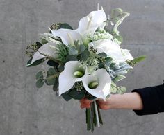 a bouquet of white flowers being held by a person's hand in front of a concrete wall