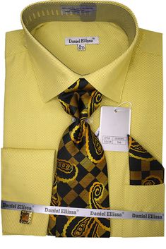 Dress Shirt Set with Cuff Includes Tie and Handkerchief More Colors Available Yellow Formal Shirt For Spring, Formal Yellow Shirt For Spring, Spring Formal Yellow Shirt, Spring Yellow Formal Shirt, Pinstripe Dress, New Top, Shirt Collar, Striped Dress, Dress Shirt