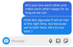 two text messages with the same message in different languages, one says it's just love each other and make each other happy for as long as we can