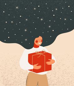 a man holding a red present under the stars