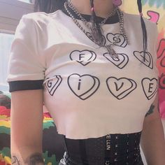 NO FUX GIVEN Heart White Top Black And White Crop Tops, Pretty Hurts, Aesthetic Stores, Purple Pants, Clothes Aesthetic, Letter T, Waist Circumference, Soft Grunge, Embroidered Tshirt