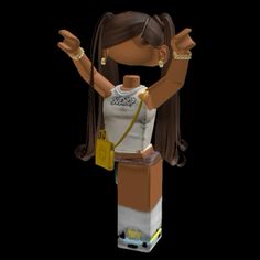 an animated girl with her hands up in the air and wearing a white shirt, gold bracelets and yellow handbag