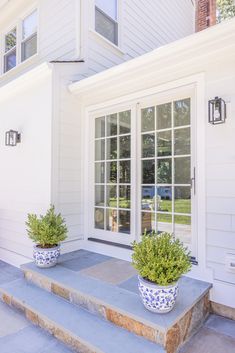 two potted plants sitting on the steps in front of a white house with large windows