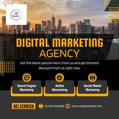 an advertisement for digital marketing agency with cityscape in the background and yellow text