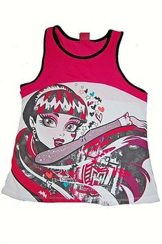 Introducing this brand new girls' racerback tank top, featuring the beloved Draculaura from the Monster High character family. This top is perfect for any young girl who loves to show off her unique style. The top comes in size XL and features a fun and colorful design with various shades and hues. Made with high-quality materials, this tank top is perfect for any occasion, whether it be a day at school or a fun outing with friends. The tank top is perfect for girls of all ages and sizes, and is sure to become a staple in any young fashionista's wardrobe. Cute Sleeveless School Tops, Pink Graphic Print Fun Tank Top, Fitted Pink Top For School, Pink Sleeveless School Top, Summer School Stretch Top, Stretch Summer Top For School, Sleeveless Pink School Top, Stretch Tops For School In Summer, Sleeveless Pink Top For School