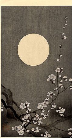 Asian Art Japanese Branch and moon 심플한 그림, Art Chinois, Ohara Koson, Art Japonais, Japanese Woodblock Printing, Japanese Painting, Harvest Moon, Japan Art, Moon Goddess