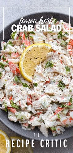 the recipe for lemon herb crab salad is shown in a black bowl on a white table