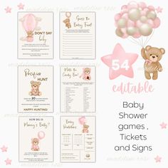 baby shower games, ticket cards and signs with teddy bear in pink on white background