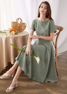 "DETAILS * More Color: https://etsy.me/34KDgPW * Cotton linen fabric * Two side seam pockets * No lining * Back zipper closure * Boat neckline * Swing dress * Midi length * Perfect for Summer, Spring, autumn * Wash by hand or machine with cold water, Ironing after dry * The model is 175cm (5′9″) tall with a 80cm (31.5\") bust, 66cm (26\") waist. She is wearing the green dress in size XS. CUSTOM MADE SERVICE If you * Change other color * Can't find your size in our size Chart * Change the Length Modest Sage Green Dress, Vintage Solid Color Midi Dress For Spring, Vintage Midi Dress For Summer, Solid Color Vintage Summer Dress, Solid Color A-line Vintage Midi Dress, Summer A-line Vintage Dress, Solid A-line Vintage Midi Dress, Solid Vintage A-line Midi Dress, Modest Wedding Guest Dress