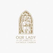 the logo for our lady of loretto catholic church, which is gold and white