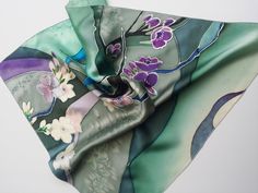 Cherry blossoms small silk scarf hand painted, Batik Floral square scarf, Size 20.5 *20.5 inches, Christmas gift scarf.handdyed This small neckerchief is painted with professional dyes for silk for a wrap, which do not weigh down the fabric. Beautiful accessories for any outfit. Small Silk Scarf, Painted Scarf, Luxury Scarves, Square Silk Scarf, Green Scarf, Floral Squares, Silk Scarf Painting, Hand Painted Silk Scarf, Floral Scarf