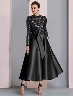 A-Line Mother of the Bride Dress Wedding Guest Elegant Sparkle & Shine High Neck Tea Length Satin Sequined Long Sleeve with Bow(s) Pleats Dress Wedding Guest, Evening Dresses Cocktail, Mother Of The Bride Dress, Wedding Bridesmaid Dresses, Tea Length, Homecoming Dress, Dress Wedding, Mother Of The Bride Dresses, Bride Dress