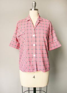 Retro Button-up Tops With Placket, 1950s Short Sleeve Cotton Tops, 1950 Blouse, Vintage Plaid Cotton Blouse, Retro Gingham Tops With Button Closure, Nude Slip Dress, Smock Blouse, Pocket Top, Chiffon Maxi Dress