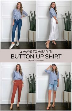 These four cute button up shirt outfits are great for spring and show you how really versatile this kind of shirt is in your closet Cute Button Up Shirts Outfits, Button Up Shirts Outfits, Long Sleeve Button Up Shirt Outfit, Cute Button Up Shirts, Button Shirt Outfit, White Long Sleeve Shirt Outfit, Title Idea, Long Shirt Outfits, Creating A Capsule Wardrobe