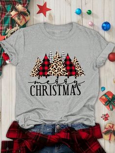 Plus Size Women's Merry Christmas Tree Pattern Printed T-Shirt Light Grey Casual  Short Sleeve Knitted Fabric Christmas,Plants,Textured Pattern  Slight Stretch Summer Women Plus Clothing, size features are:Bust: ,Length: ,Sleeve Length: Cricut Svgs, Cricut Shirts, Family Pjs, Christmas Tree Clipart, Cat Puzzle, Christmas Cut Files, Cricut Christmas, Xmas Tees, Christmas Tshirt