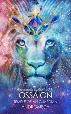 an image of a lion with a crown on it's head and the words ossaion temple of an guardian andromeda