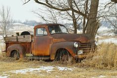 an old rusted truck is parked in the grass next to a tree with no leaves on it