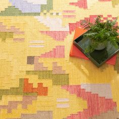 a potted plant sitting on top of a yellow rug