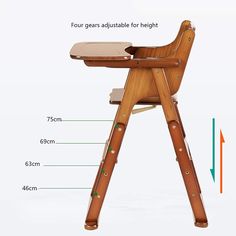 a wooden chair with measurements for the seat and footrests on top of it