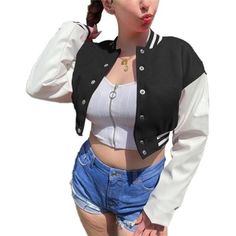 Retro Windbreaker, Faux Leather Long Sleeve, Button Down, Bomber Jacket, Lightweight Jacket, Stand-Up Collar, Motorcycle Jacket. This Crop Jacket Suitable For Casual, School, Office, Party, Club, College, Work, Family Gathering, Night Out, Dating, Halloween, Uniform, Vacation, Etc. Women’s Crop Letterman Baseball Jacket Faux Leather Colorblock Coat Punk Hiphop Outwear Large Size 298 Trendy Varsity Jacket For Winter, Casual Black Leather Jacket With Buttons, Casual Long Sleeve Biker Jacket With Buttons, Casual Long Sleeve Biker Jacket, Casual Fitted Biker Jacket With Buttons, White Punk Leather Jacket With Long Sleeves, White Long Sleeve Punk Leather Jacket, Black Varsity Jacket With Buttons For Fall, Black Fall Varsity Jacket With Buttons