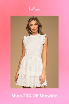 Everyone can already see how cute you'll look in the Lulus True as Can Be White Burnout Floral Ruffled Mini Dress! Lightweight and gauzy woven jacquard fabric boast a textured, burnout floral design that shapes a crew neckline and a sleeveless, darted bodice. High-fitted waist tops a skater silhouette that ends at a tiered skirt with a flirty mini hem. Ruffled trim accents the neck, bodice, and skirt. Hidden back zipper/clasp. Fit: This garment fits true to size. Length: Mid-thigh. Size medium measures 34" from shoulder to hem. Bust: Great for any cup size. Waist: Fitted - very fitted at natural waist. Hip: Not Fitted - fuller skirt allows room for hips. Undergarments: May be worn with any standard bra. Fabric: Fabric has no stretch. Fully lined. Shell: 100% Polyester. Lining: 95% Polyeste Ruffled Mini Dress, Ruffled Dress, Super Cute Dresses, Yellow Shorts, Jacquard Fabric, Tiered Skirt, Dress 100, Full Skirt, Fall Dresses