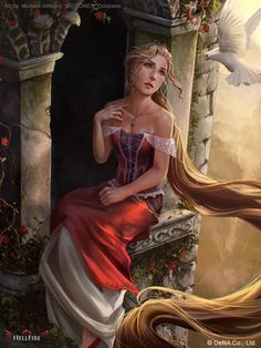 a painting of a woman with long blonde hair sitting on a stone bench next to a bird