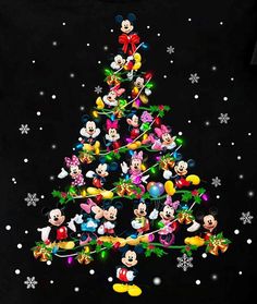 mickey mouse christmas tree with lights and snowflakes on the bottom, surrounded by other disney characters