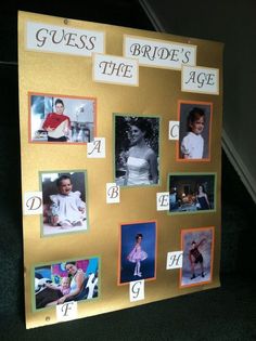 a bulletin board with pictures and words on it that say guess, the bride's age