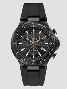 Complete your athletic attire with this sporty, black chronograph watch featuring multifunctional dials, a date window, tachymeter, rose gold-tone hands and dial that illuminate and a silicone band. Black Sport Watches With Tachymeter, Black Sports Watches With Tachymeter, Black Functional Chronograph Watch With Subdials, Black Sporty Watches With Tachymeter, Functional Black Sports Watch, Sporty Chronograph Watch With Subdials For Sports, Sporty Watches With Tachymeter For Sports, Sporty Black Chronograph Watch With Subdials, Sporty Black Sports Watch