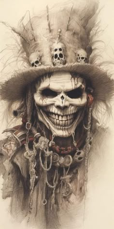 a drawing of a skeleton wearing a hat with chains and skulls on it's face