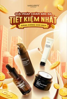 an advertisement for a cosmetic product with gold coins around it and the words,'gai pha cha soc da tet keem n hat '