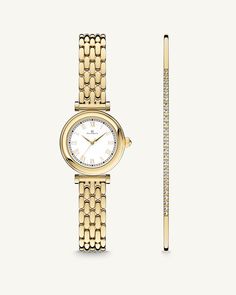 A round womens watch in 22k gold plated 316L stainless steel from Waldor & Co. with white Sapphire Crystal glass dial. Seiko movement. The model is Venia 24 Villefranche. Leather Box, Ring Watch, Silver Gifts, Gold Polish, White Dial, Gold Set, 22k Gold, Bracelet Gift, Bracelet Watch