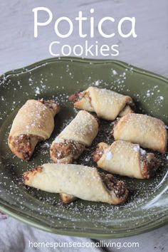 some food is on a green plate with powdered sugar