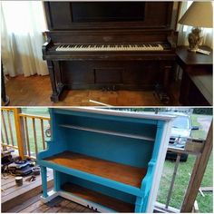 an old piano has been painted blue and is being used as a shelf for books