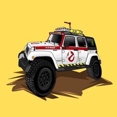 a white and red jeep on a yellow background