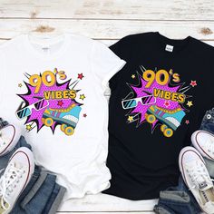 two t - shirts with the words 90's vibes printed on them next to sneakers