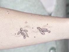 a woman's arm with two turtles on it and stars in the sky above