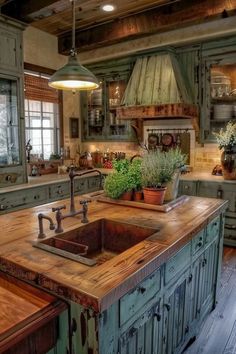 a rustic kitchen with an island sink and wooden counter tops, surrounded by potted plants