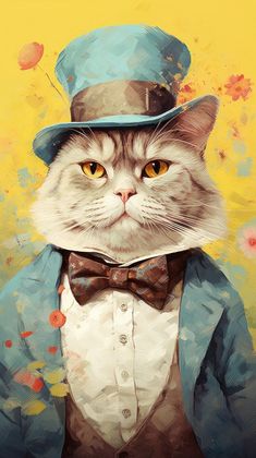 a painting of a cat wearing a blue suit and bow tie with a top hat