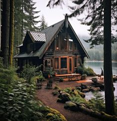 a log cabin sits in the woods next to a lake